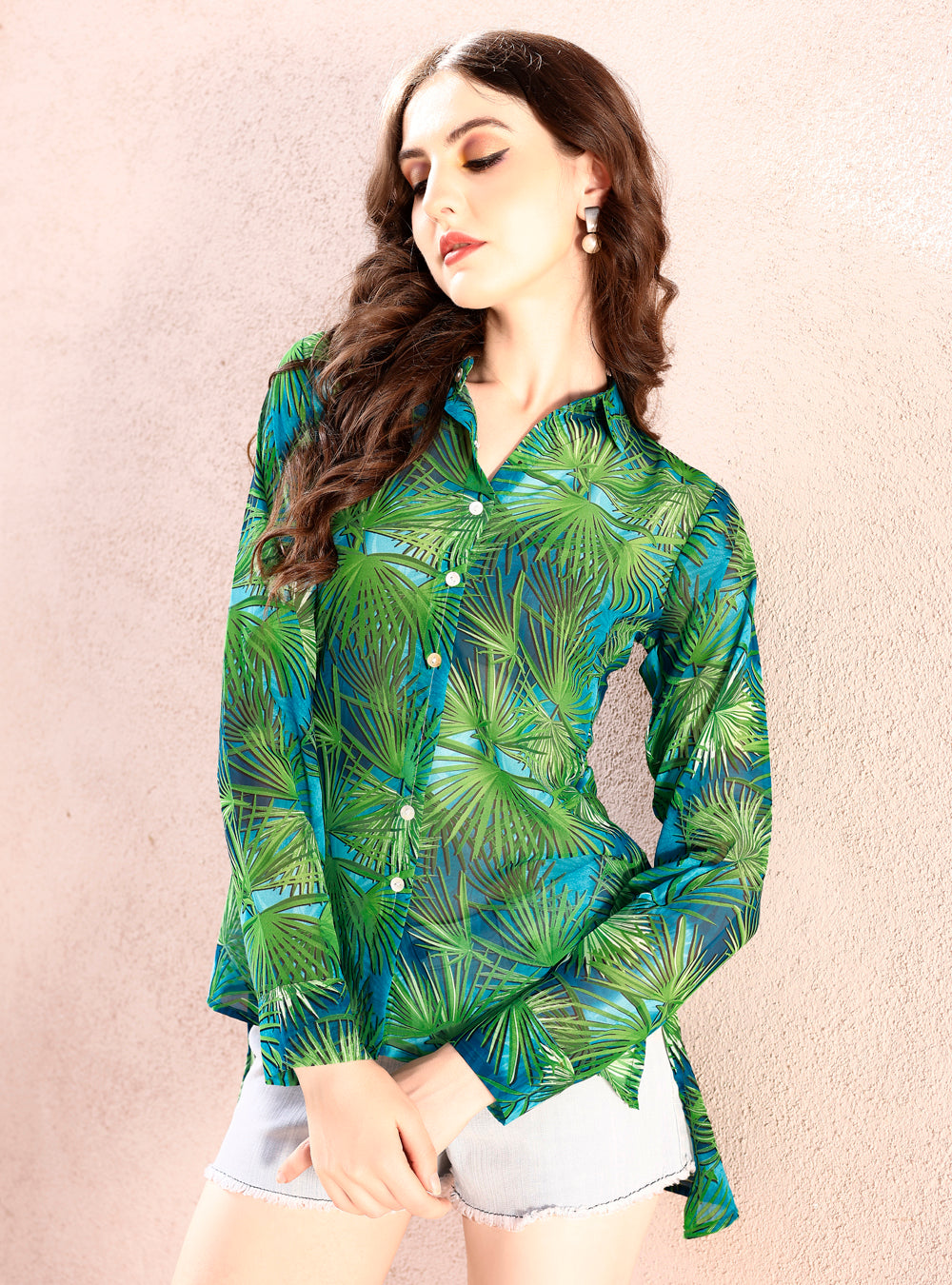 Green Printed Georgette Shirt Style Tunic