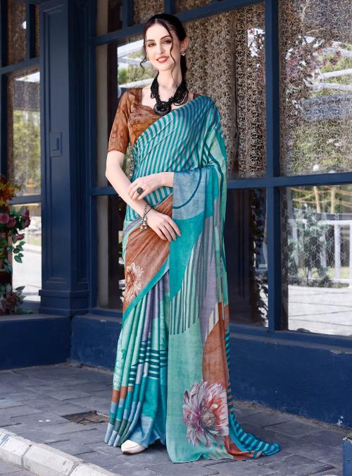 Women's Abstract Blue Printed Satin Saree