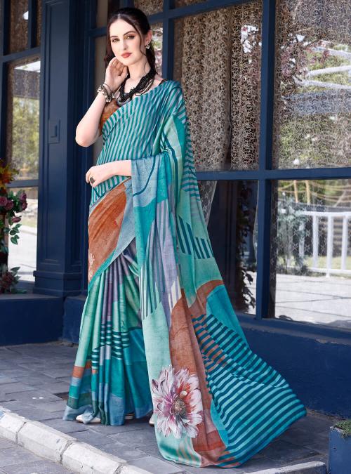 Women's Abstract Blue Printed Satin Saree