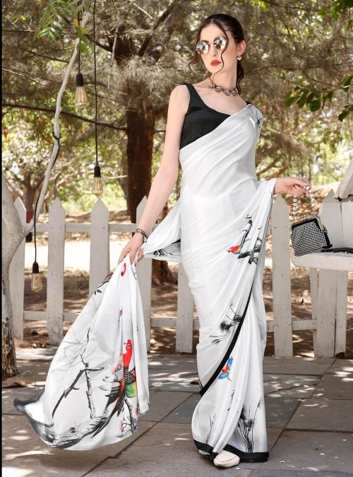 White Printed Soft Satin Silk Saree