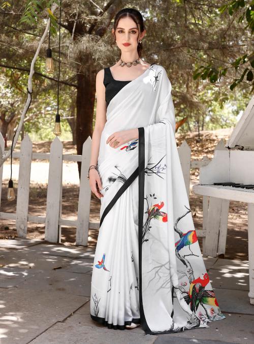 White Printed Soft Satin Silk Saree