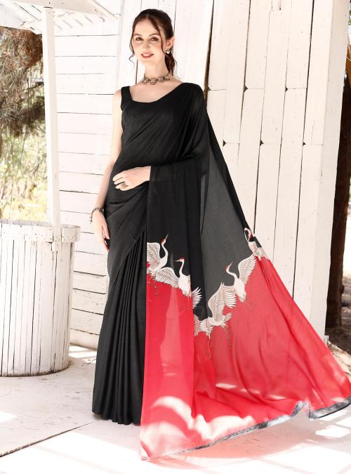 Black And Red Printed Satin Silk Saree