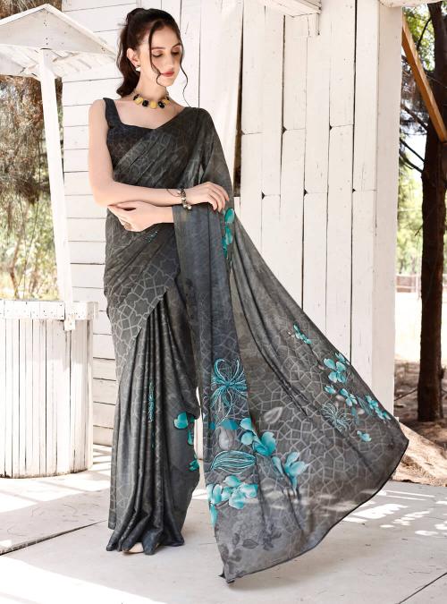 Ash Grey Digital Printed Soft Satin Saree