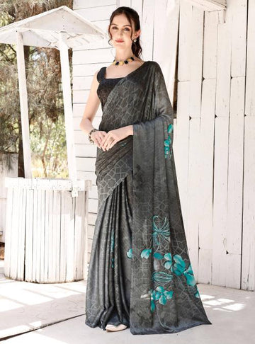 Ash Grey Digital Printed Soft Satin Saree