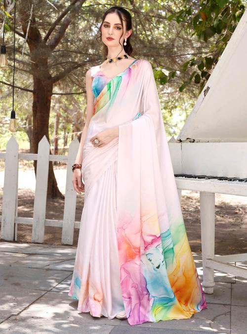 Light Pink Digital Printed Soft Satin Saree