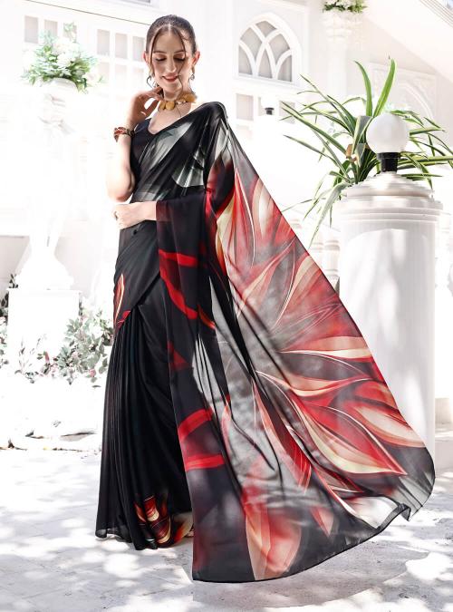 Black Digital Printed Soft Satin Saree