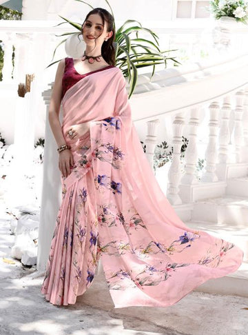 Baby Pink Digital Printed Soft Satin Saree