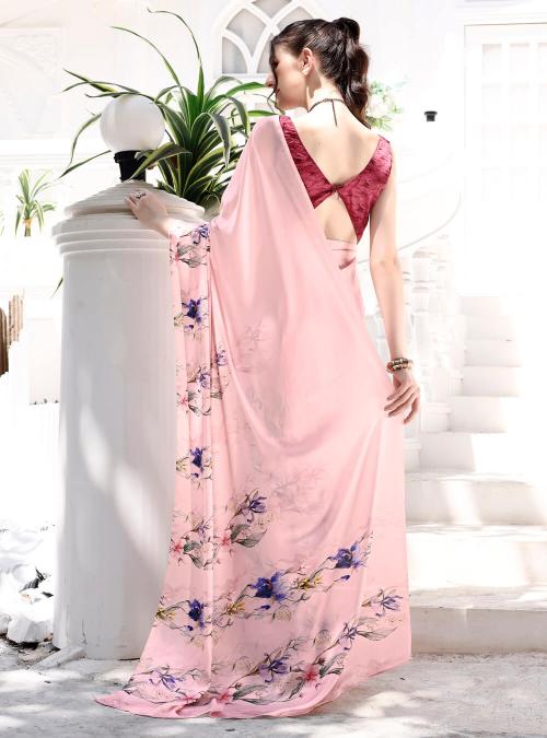 Baby Pink Digital Printed Soft Satin Saree