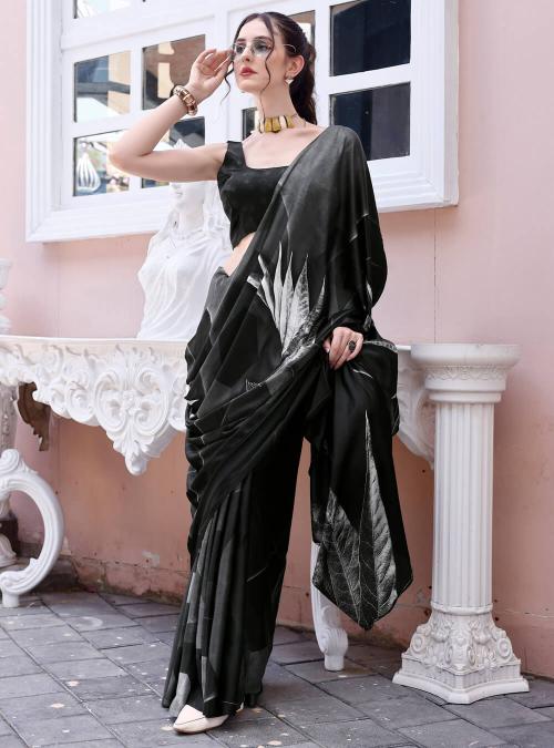 Black Digital Printed Soft Satin Saree