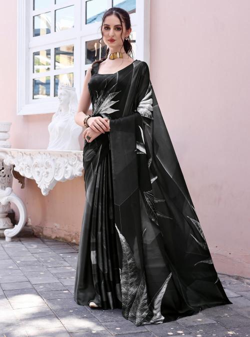 Black Digital Printed Soft Satin Saree