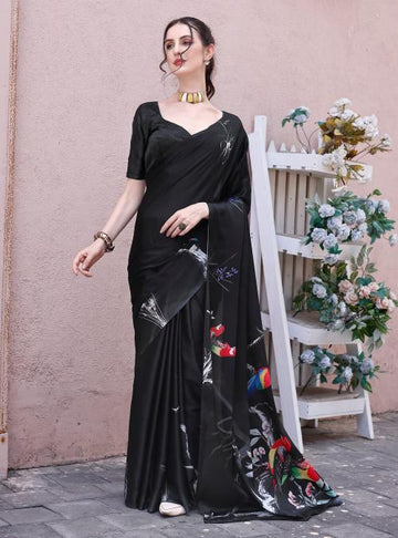 Black Digital Printed Soft Satin Saree