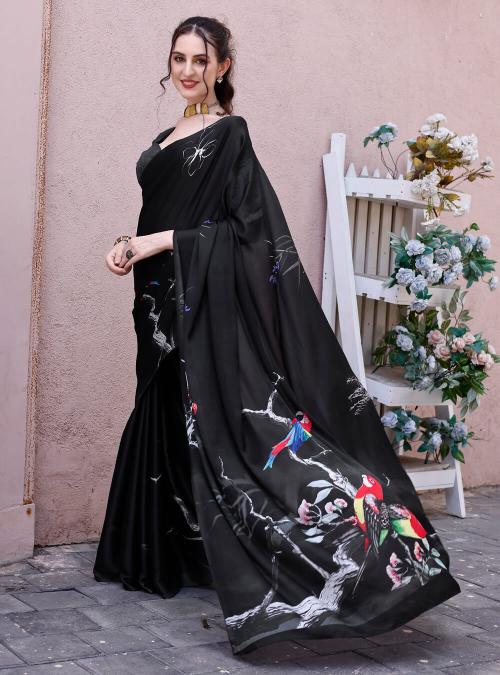 Black Digital Printed Soft Satin Saree