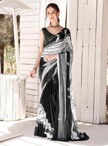 White Black Digital Printed Soft Satin Saree